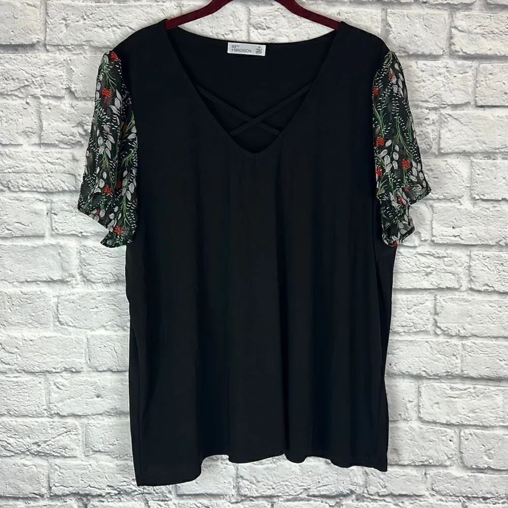 89th + Madison Black Cross V Neck Blouse with Floral Sleeves Size 2X